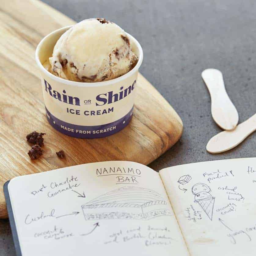 October Local Love includes rain or shine which is a local Vancouver ice cream shop. A scoop of their ice cream on a wood board is pictured