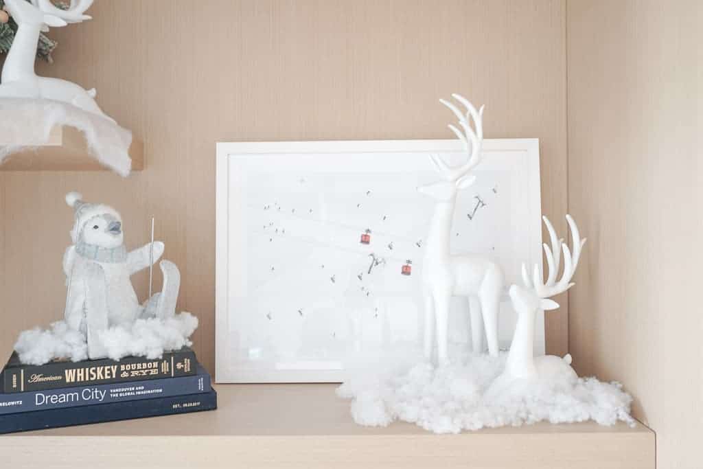 signed Samantha's 2020 holiday decor includes a lot of neutral colours there are two white reindeer on top of snow, and a skiing penguin on the otherside of them. Behind them is a mallin grey print of skiiers.