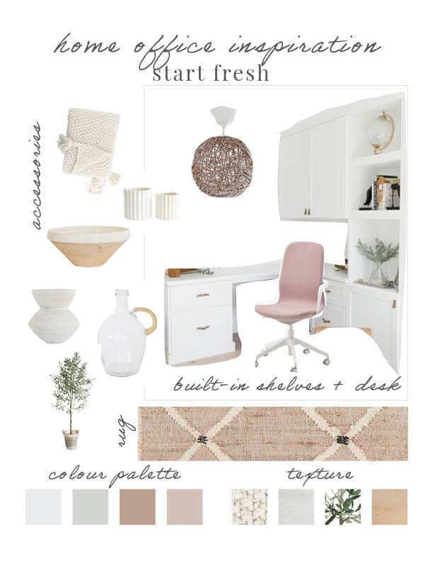 While giving a home office tour, Signed Samantha is also sharing her mood boards for what her future home office space could look like - this one is a full refreshing and includes a new built in desk that goes along the corner - all white and green (from plants)/