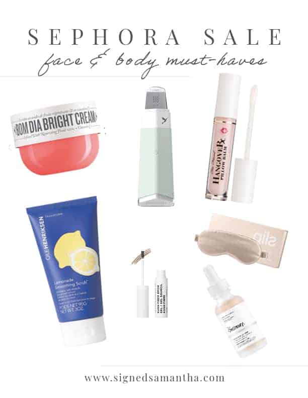 Sephora sale must haves for face and body listed. Product screen shots including lip balm, eye mask, serum, body lotion