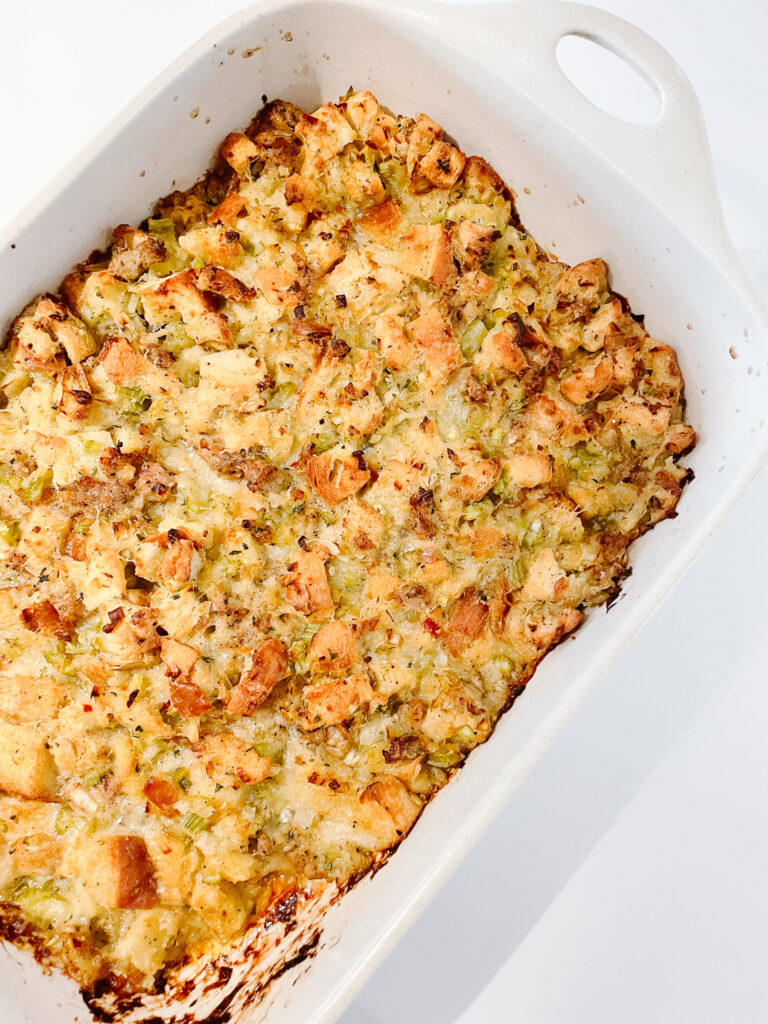 cooked, crispy and perfectly browned stuffing sitting in a pan straight out of the oven