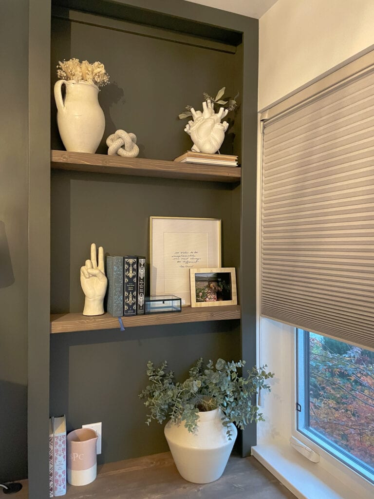 One Room Challenge Week 7! Office sneak peak of a shiplap wall and built in bookshelves styled with neutral colours.