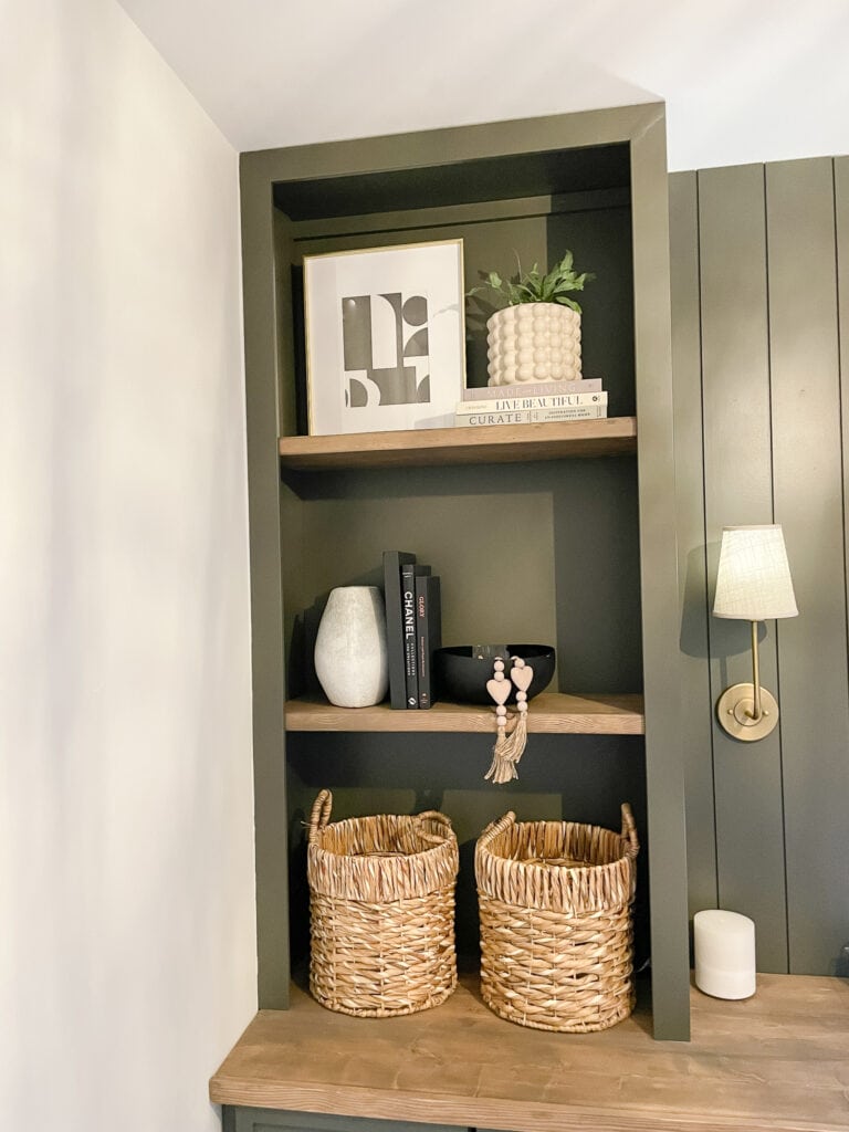 One Room Challenge Week 7! Office sneak peak of a shiplap wall and built in bookshelves styled with neutral colours.