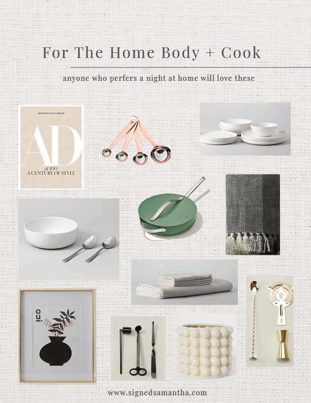 gift guide for the homebody including dishes, pots, blankets, coffee table books.