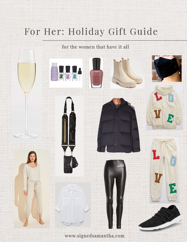 A holiday gift guide for her in 2021. Loungewear, boots, nail polish, champagne flute.