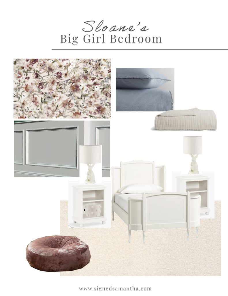 Sloane's nursery revamp - the mood board for her big girl bedroom which includes a white bedframe, white end tables, a wallpaper wall with panel moulding and a chair rail