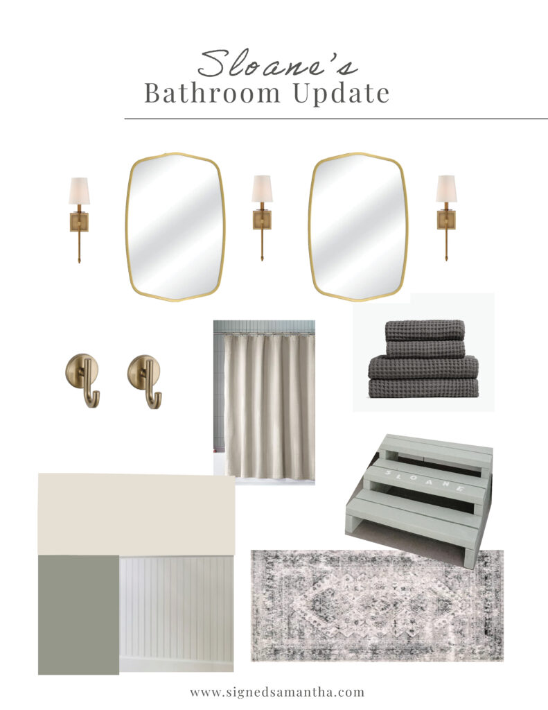 updating a builder grade bathroom using this moodboard with bronze accents, creamy whites, and sage greens.