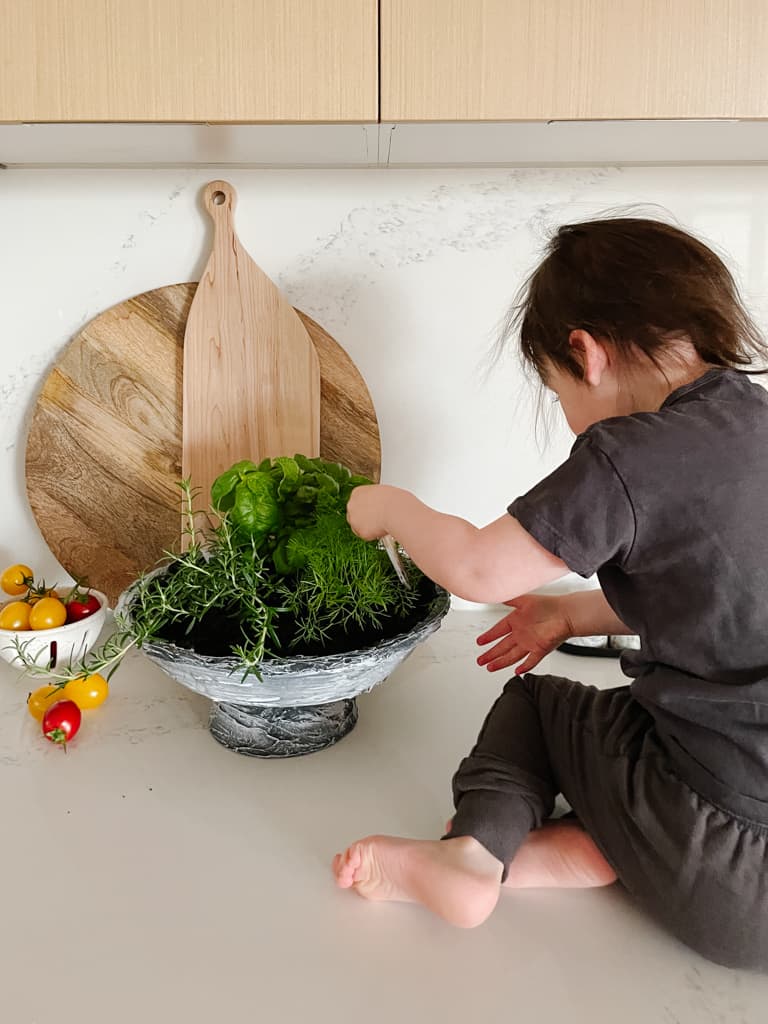 little girl picking herbs from a DIY pedestal bowl turned into a mini herb garden