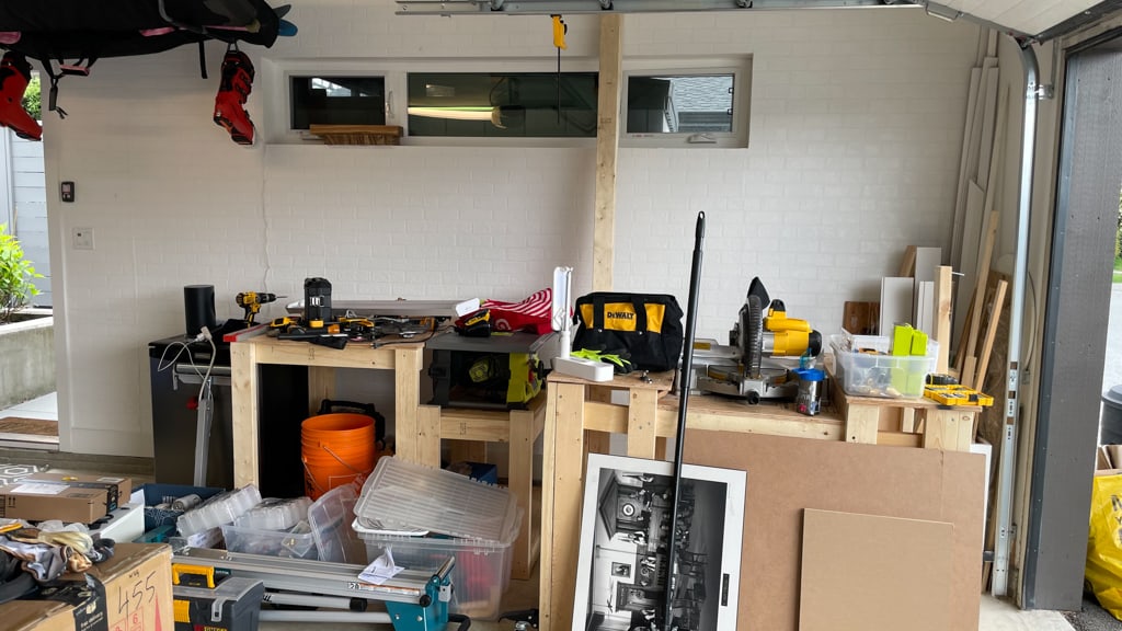 the messy side of the garage update - tools everywhere wood everywhere