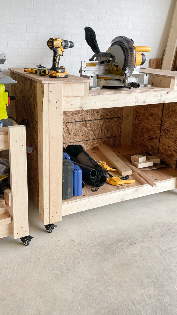 One Room Challenge Week 6 progress - a nearly completed mitre saw workbench station! Just need doors and paint