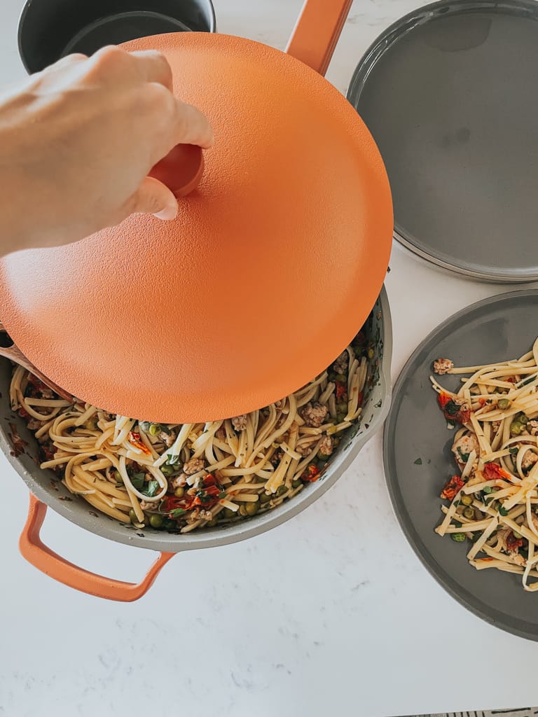 Our place always pan lid coming off with a bowl full of pasta. comparing it against the Caraway cookware set