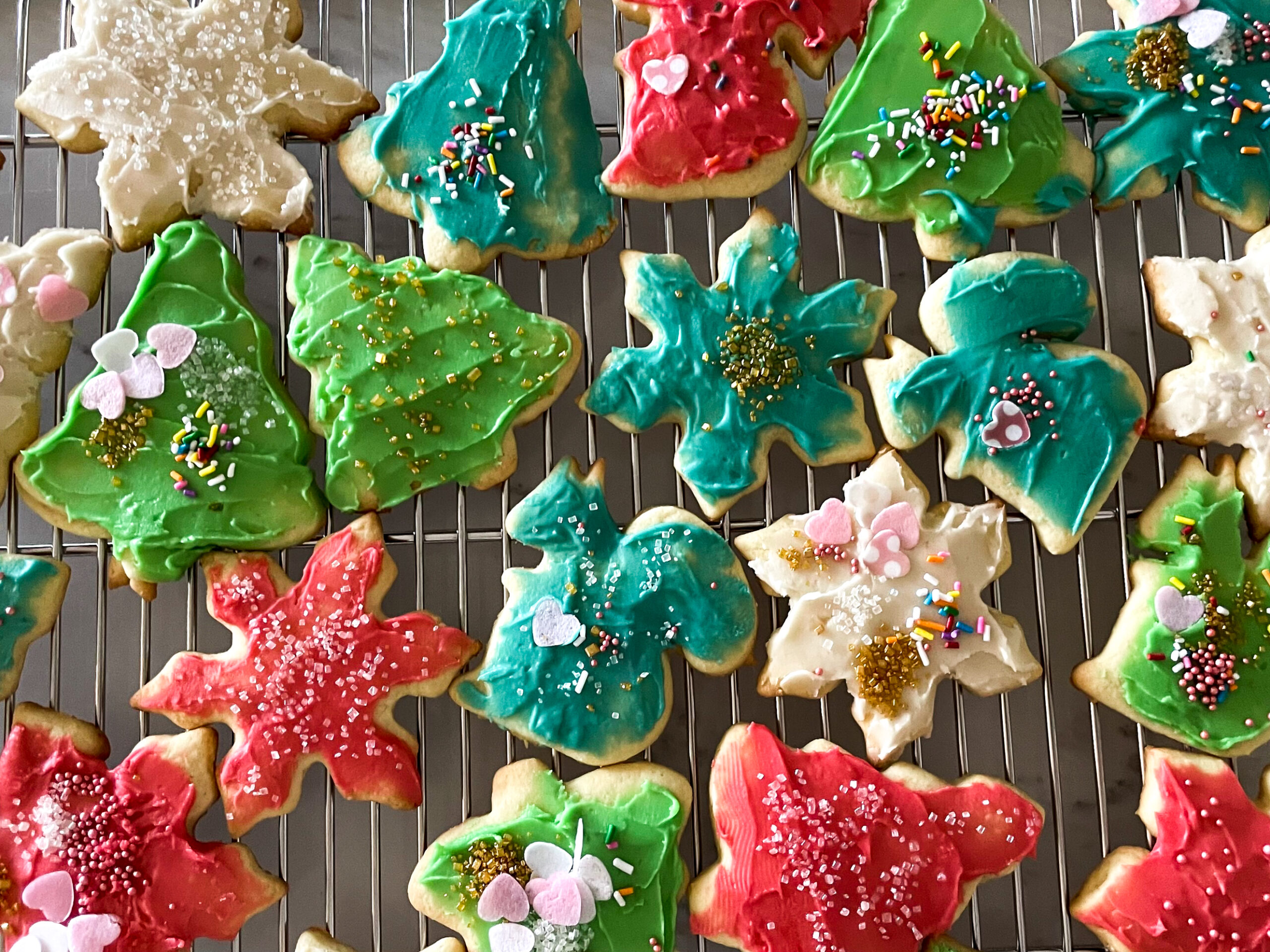 sugar cookies decorated for the holidays. Trees stars, squirrels, all in different colours.