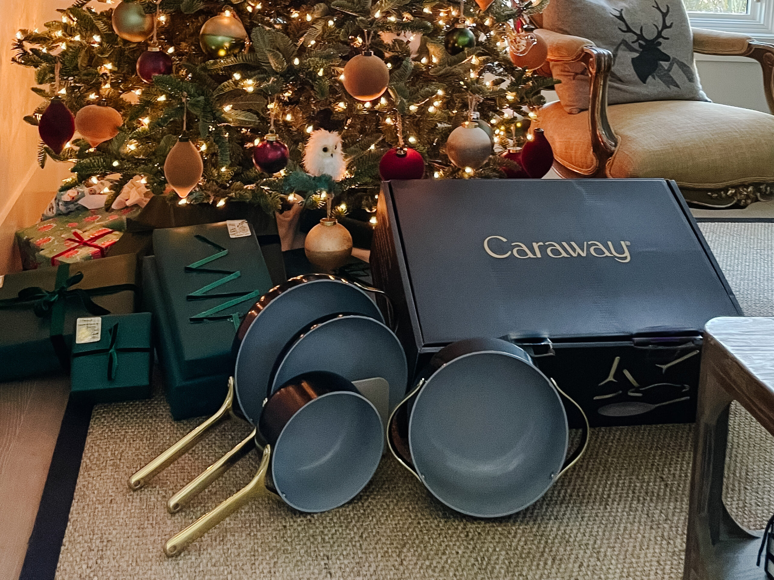 Beautiful black and gold Caraway cookware set under the Christmas tree