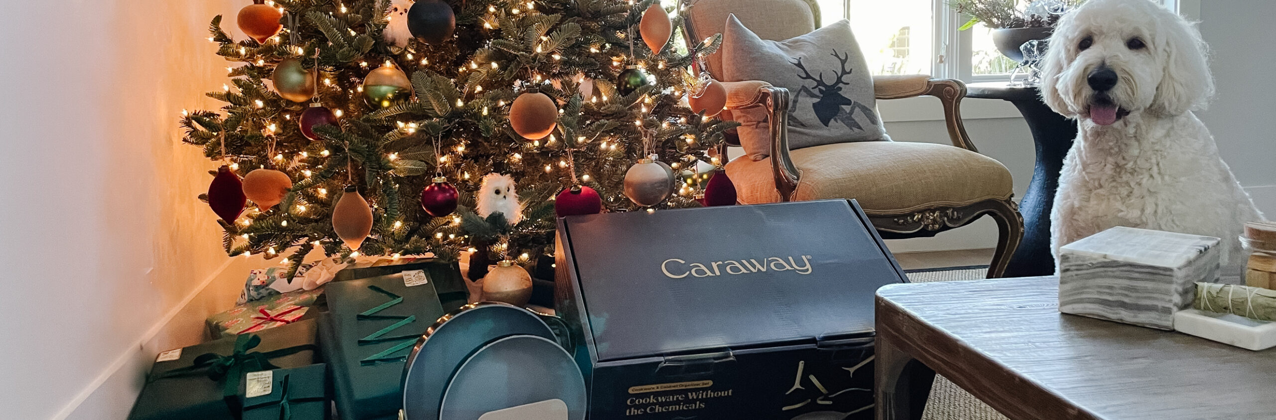 Beautiful black and gold Caraway cookware set under the Christmas tree
